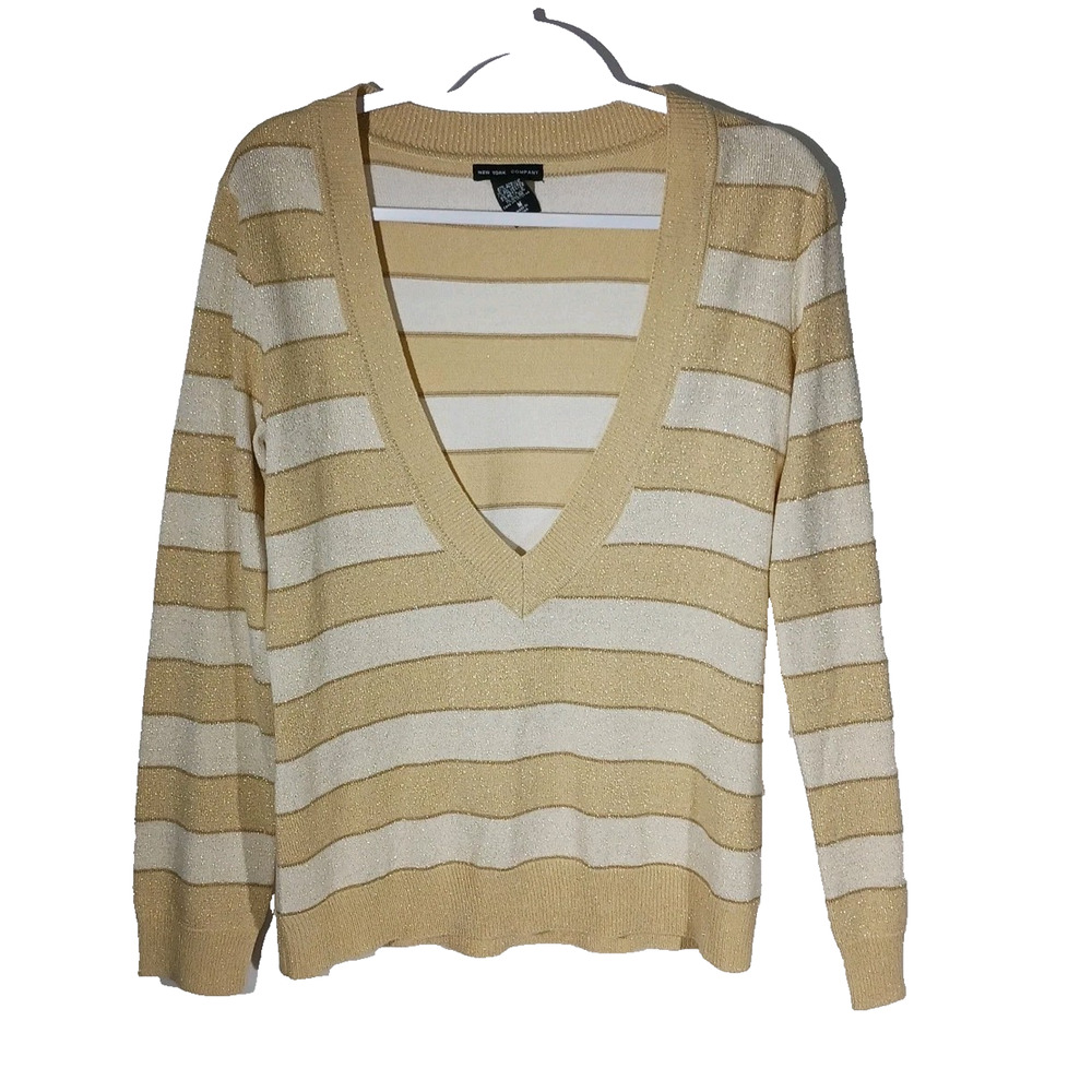 New York & Co Striped V-Neck Sweater Ivory Gold Sparkle Medium EUC